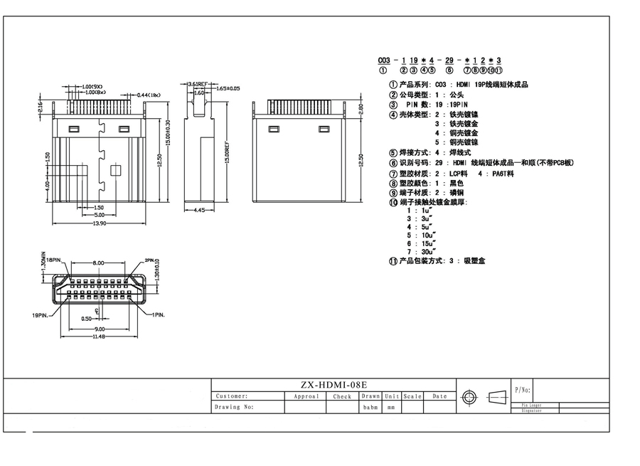 HDMI 公头 1.6夹板